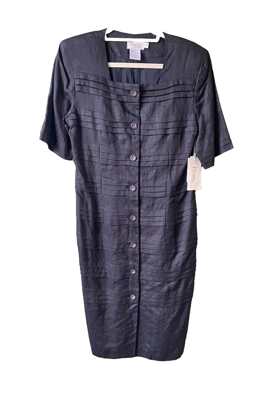 NEW VINTAGE J Song Dress Womens Size 8 100% Linen Black Lightweight Career Work